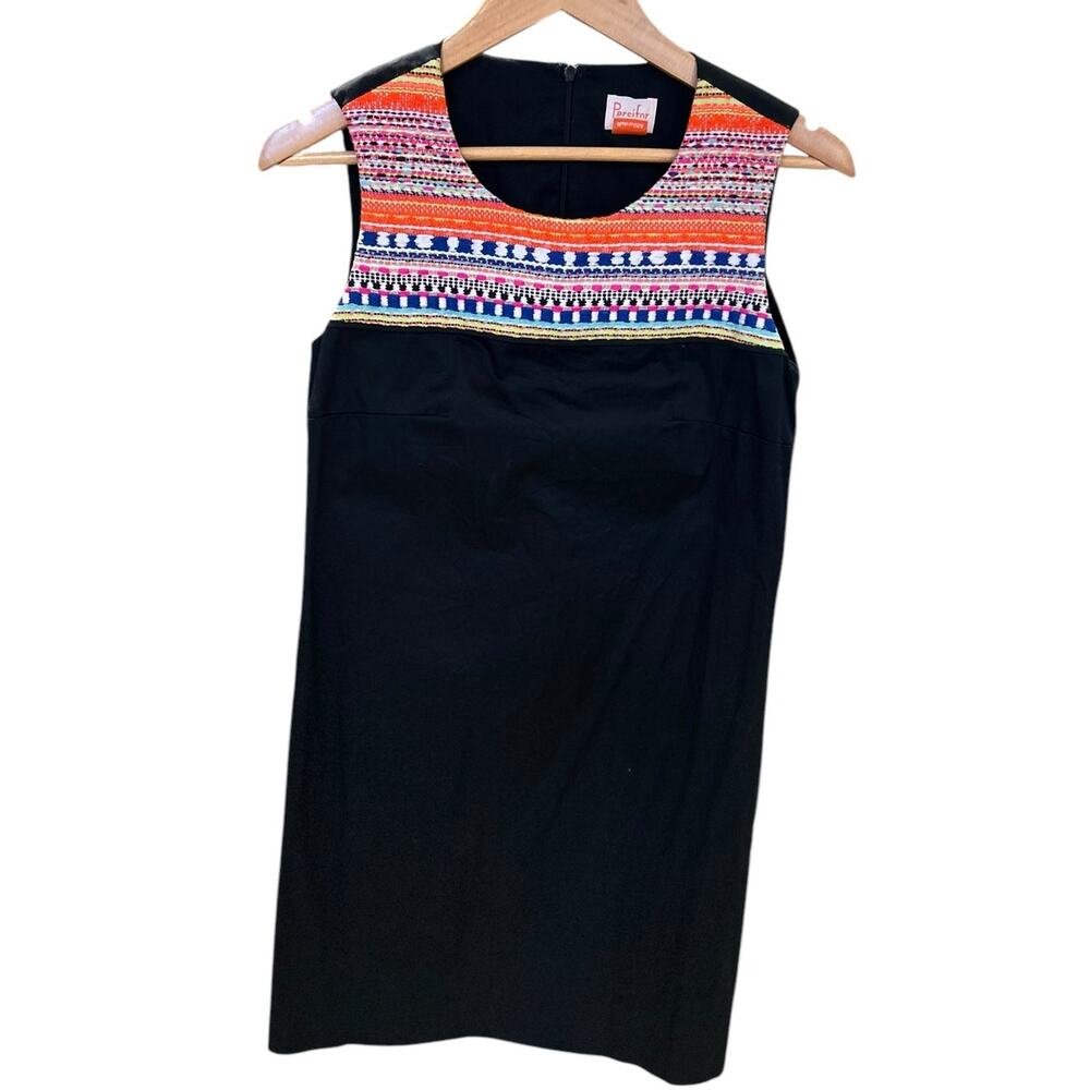 PERSIFOR Black Sleeveless Embroidered Tweed Woven Textile Dress Women's SMALL